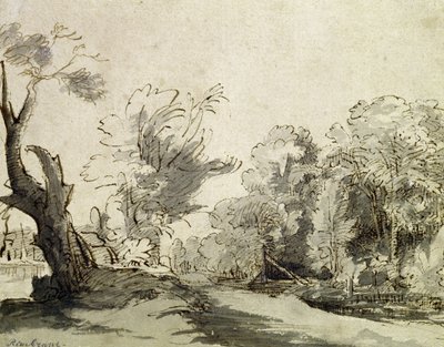 Landscape with a path, an almost dead tree on the left and a footbridge leading to a farm on the right by Rembrandt van Rijn